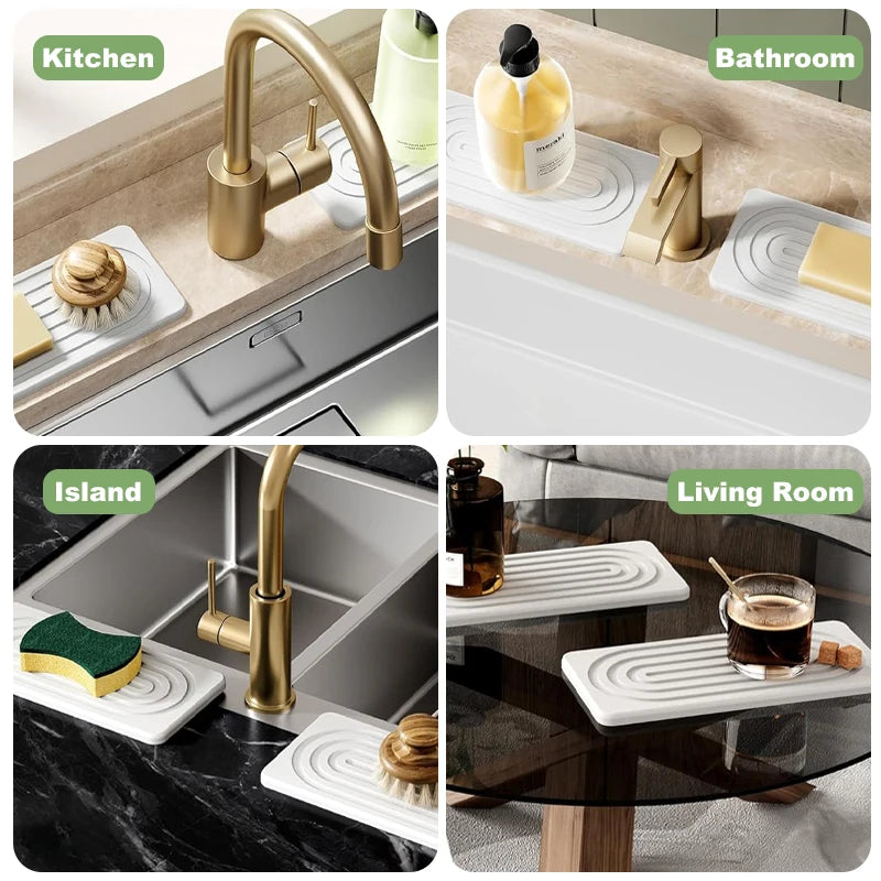 Faucet Mats Diatom Mud Kitchen Sink Water Absorbent Stone Sink Tray Fast Drying Sink Wash Diatomite Mats Bathroom Counter 2PC