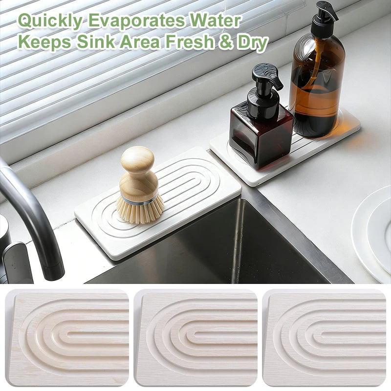 Faucet Mats Diatom Mud Kitchen Sink Water Absorbent Stone Sink Tray Fast Drying Sink Wash Diatomite Mats Bathroom Counter 2PC