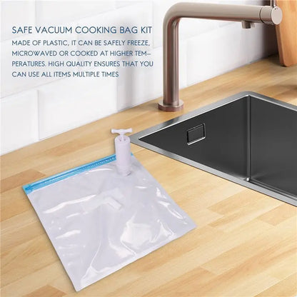 A99U Sous Vide Bags 15Pack Reusable Electric Vacuum Food Storage Save Sealer Cooker with 1 Hand Pump,2 Size Sealed Bag,4 Clip
