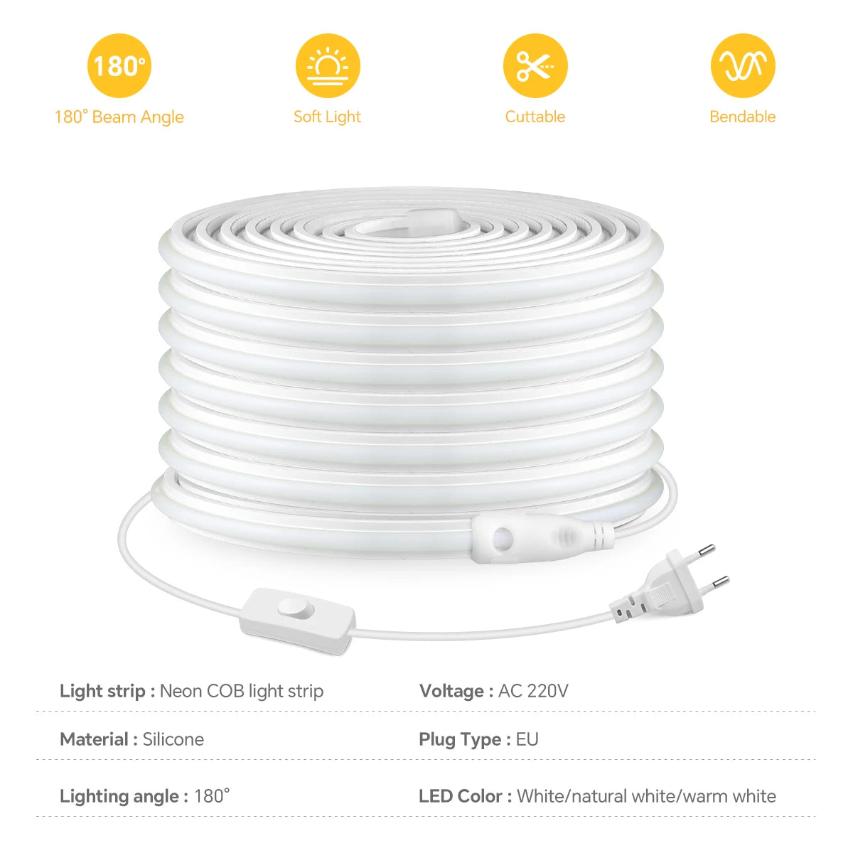 220V COB Led Strip High Density Waterproof COB LED Strip EU Plug Flexible Ribbon for Kitchen Cocina Cabinet Outdoor Garden Light