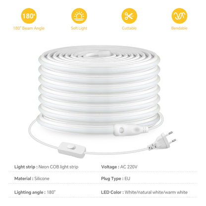 220V COB Led Strip High Density Waterproof COB LED Strip EU Plug Flexible Ribbon for Kitchen Cocina Cabinet Outdoor Garden Light