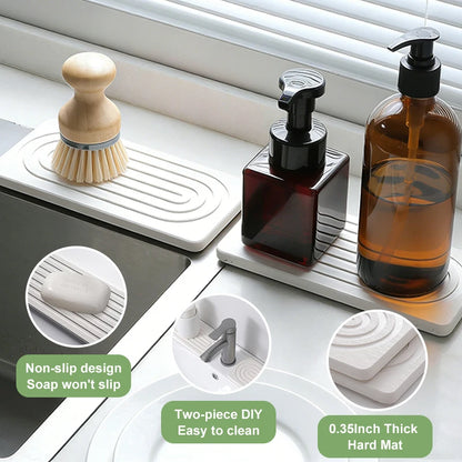 Faucet Mats Diatom Mud Kitchen Sink Water Absorbent Stone Sink Tray Fast Drying Sink Wash Diatomite Mats Bathroom Counter 2PC